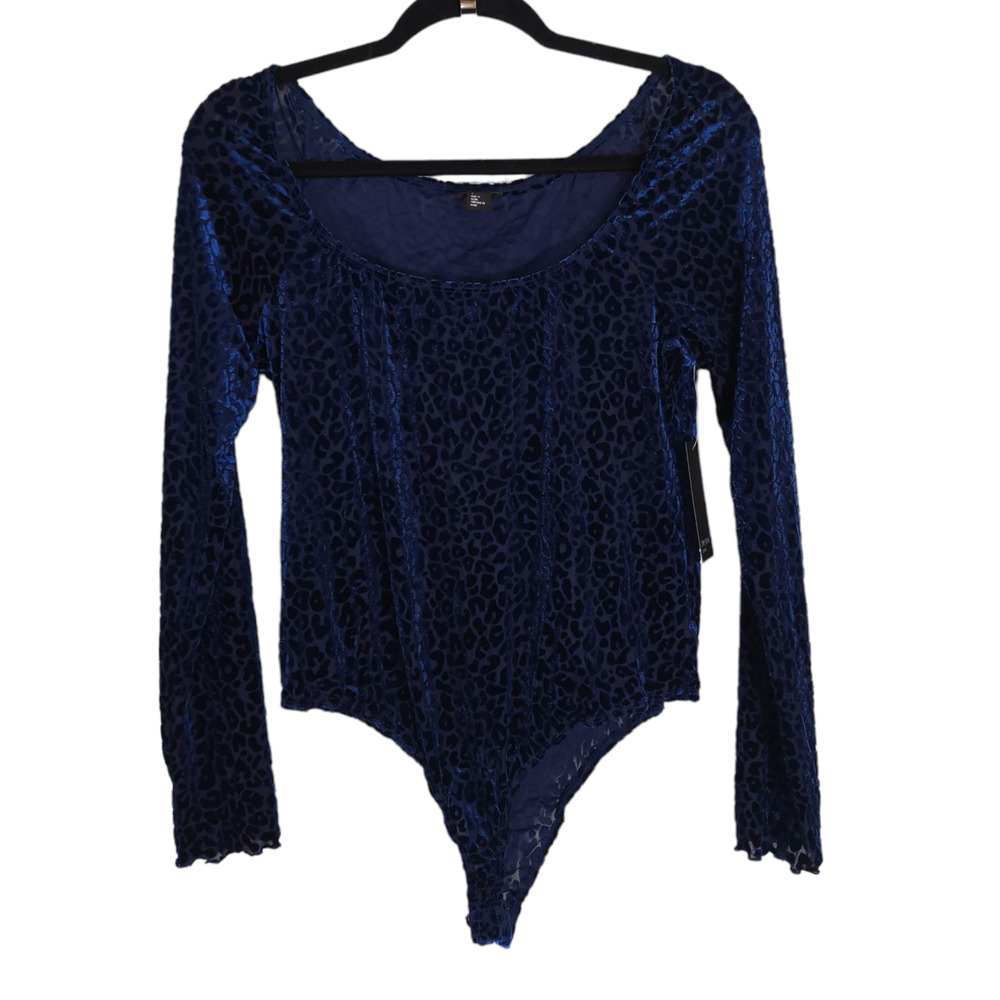 Free Press Bodysuit Womens L Blue Velvet Burnout Leopard Long Sleeve Stretch New